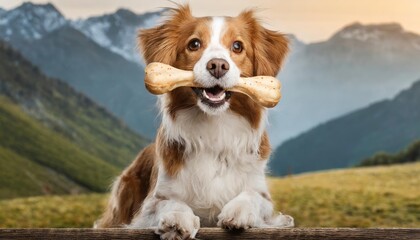 Generated image of cute dog holding bone in its teeth 