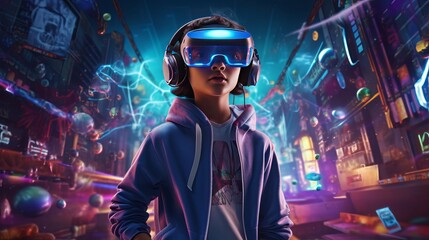 Future digital technology metaverse game and entertainment, Teenager having fun play VR virtual reality goggle, sport game 3D cyber space futuristic neon colorful background, - obrazy, fototapety, plakaty