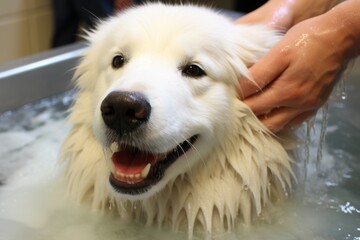 Adorable white dog happily receiving a soothing bath from its caring and affectionate owner