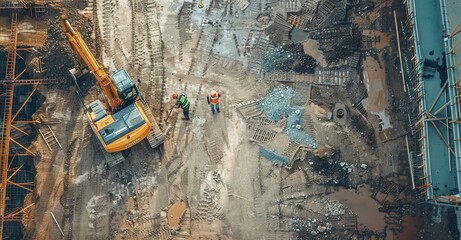 Aerial view of  builders and crane at construction site 