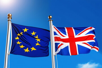 EU und England Flagge vor blauem Himmel im Wind als Hintergrund