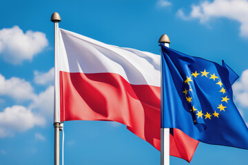 EU und Polen Flagge vor blauem Himmel im Wind als Hintergrund