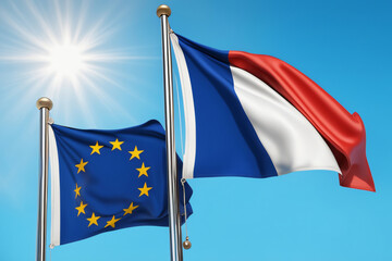 EU und Frankreich Flagge vor blauem Himmel im Wind als Hintergrund