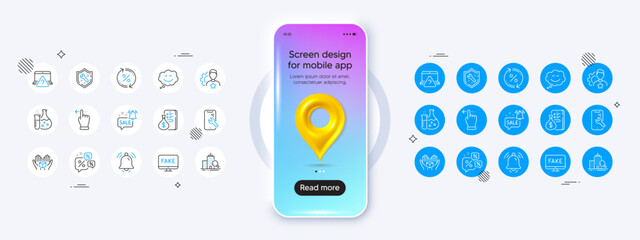 Discounts chat, Notification bell and Money line icons. For web app, printing. Phone mockup with 3d map pin icon Vector