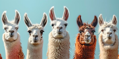 Fototapeta premium A whimsical group of llamas with playful faces ideal for marketing projects. Concept Animal Characters, Marketing Campaign, Whimsical Llamas, Playful Expressions, Fun Photoshoot