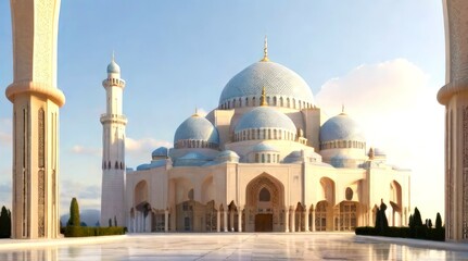 Fototapeta na wymiar 3D illustration of a large and magnificent mosque in the morning