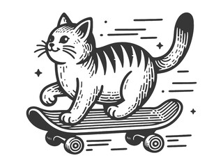 Cartoon cat riding skateboard sketch engraving generative ai raster illustration. Scratch board imitation. Black and white image.
