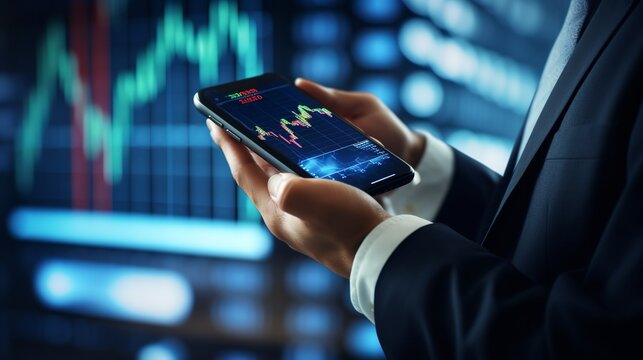 Smart businessman typing financial data on mobile phone with futuristic stock chart graphic, Business investor stock exchange market and crypto currency digital technology ideas background