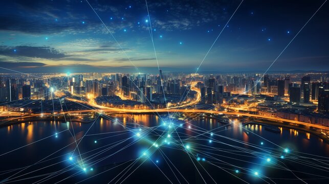 Network business conection system on cityscape background