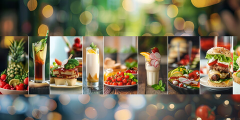 collage of food products on blur background, - obrazy, fototapety, plakaty