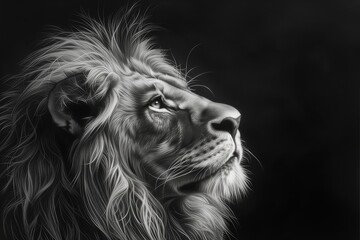 Naklejka premium Close-up of a majestic lion staring off into the distance with a black background