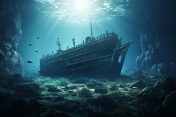 Poster Sunken wooden ship under the sea, illuminated by sun rays, nautical exploration concept © firax