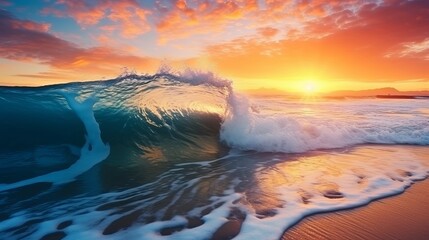 Tropical sunset background. Beautiful colorful ocean wave breaking closing near sand beach
