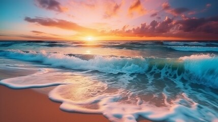 Fototapeta na wymiar Tropical sunset background. Beautiful colorful ocean wave breaking closing near sand beach