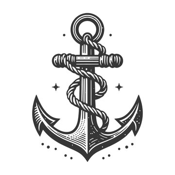 Anchor with rope sketch engraving generative ai raster illustration. Scratch board imitation. Black and white image.