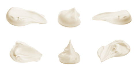 Tasty mayonnaise sauce isolated on white, set