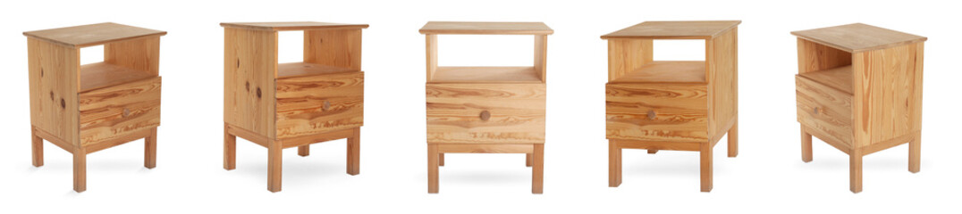 Wooden bedside table isolated on white, set