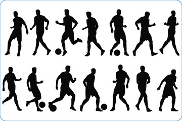 Fototapeta premium Black silhouettes of Soccer player, Soccer player vector silhouettes, Football Soccer player silhouette with ball, Football players, Soccer Players Silhouettes