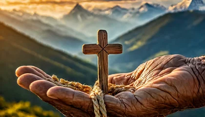 Fotobehang Extreme close-up of a wrinkled hand of an old man holding a small wooden religious cross with ropes, mountain landscape on background. Religious symbol of Christianity or prayer. Generative Ai. © Alberto Masnovo