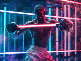 Fototapeta na wymiar Futuristic boxer with lightsaber gloves training against a holographic monster neon gym background