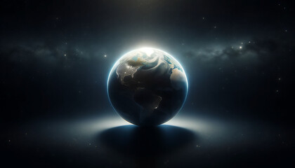 The Earth suspended in space, basked in sunlight against a backdrop of distant stars and cosmic dust.