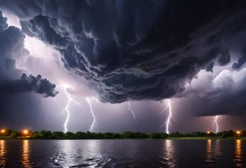 Thunderous dark sky with black clouds and flashing lightning. Panoramic view. Concept on the theme of weather, natural disasters, storms, typhoons, tornadoes, - obrazy, fototapety, plakaty