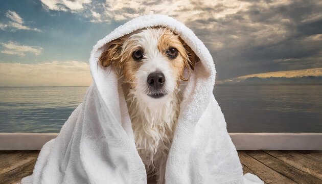 Generated image of cute dog is covered in white terry towel