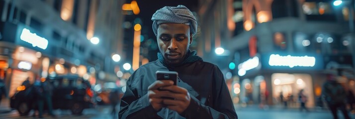 Man from Arabia using and messaging on his smartphone. Generative Ai. - obrazy, fototapety, plakaty