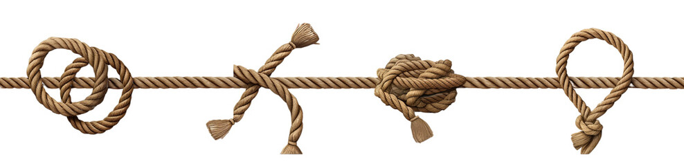 Obraz premium Set of rope knots, different styles of rope of various shapes, in the style of beige, isolated on transparent background, png file