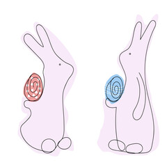 Sketch of two Easter bunnies. Easter eggs. Black outlines on a white background. Coloring book for children.Two little bunnies.