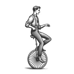 Fototapeta na wymiar Circus performer rides one wheel unicycle sketch engraving generative ai fictional character raster illustration. Scratch board imitation. Black and white image.