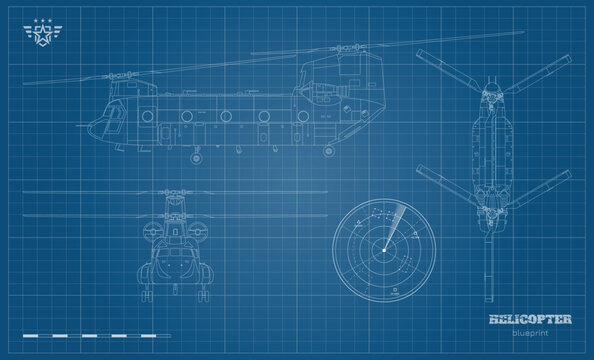 Military transport helicopter. Outline drawing of armed copter. Top, front and side views. Print image. Industrial blueprint of war force aviation. Army cargo vehicle