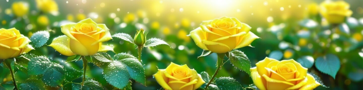 Abstract colorful blurred illustration of blooming yellow roses in dew on blurred bokeh background, space for text. Concept for valentine's day or birthday or mother's day or women's day.
