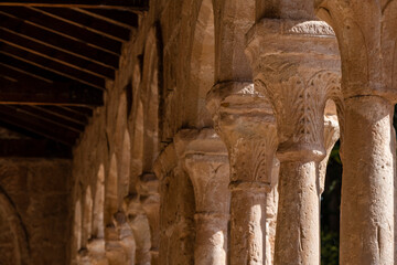 arcaded gallery of semicircular arches on paired columns, Church of the Savior,   13th century rural Romanesque, Carabias, Guadalajara, Spain