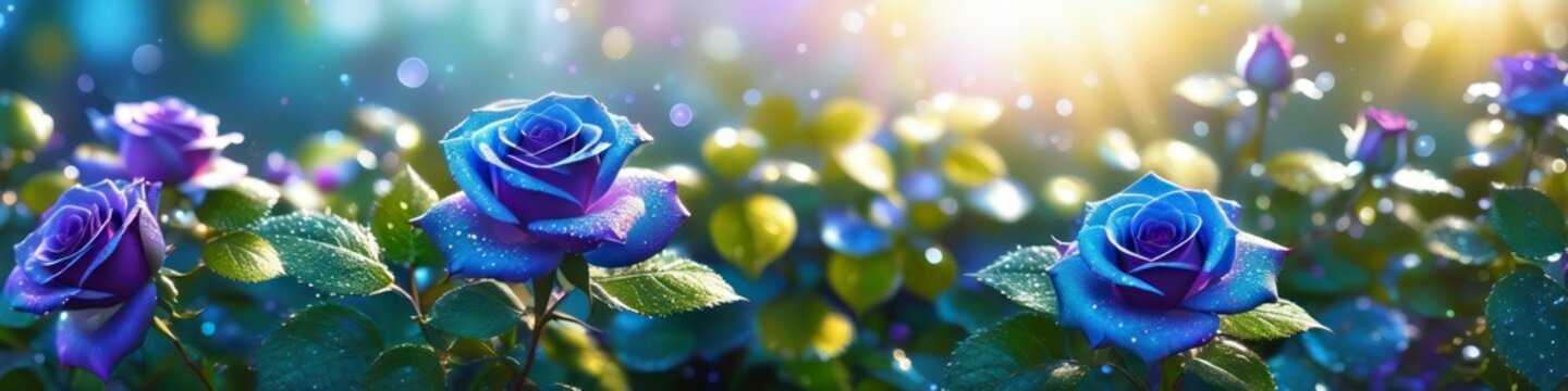Abstract colorful blurred illustration of blooming blue roses in dew on blurred bokeh background, space for text. Concept for valentine's day or birthday or mother's day or women's day.
