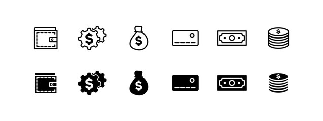 Money icons set. Linear, money collection, wallet icons, gear with dollar, bag, bank card, dollar bill, coins. Vector icons
