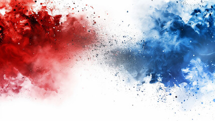 Labor day Red, White and Blue colored dust explosion background. Splash of American flag colors smoke dust on white background, Independence Day, Memorial Day patriotic abstract pattern