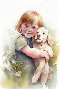Happy child and a puppy dog watercolor greeting card. AI generated