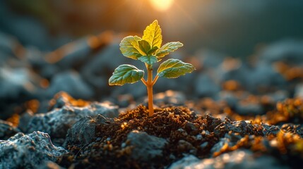 The sprout of the future tree makes its way through the rocky surface in the mountains. The concept of life and growth, despite the difficulties - obrazy, fototapety, plakaty