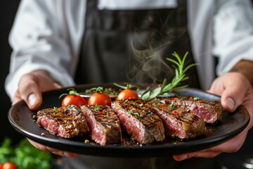 Chef is holding new York strip steaks