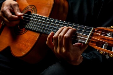 Classical acoustic guitar in the hands of a musician copy space.