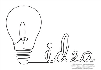 Vector illustration of continuous one line drawing of electric light bulb with Idea word. Creative thinking concept of idea, finding solution, business.