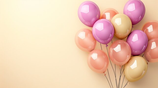3d render of colorful balloons on beige background with copy space. AI.