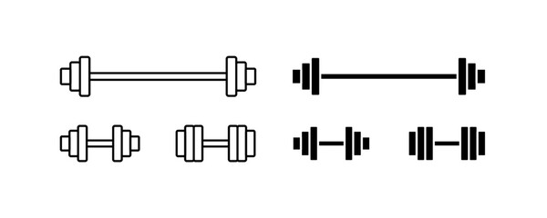Sports dumbbells and barbells icons. Linear, set of sports icons of dumbbells and barbells. Vector icons
