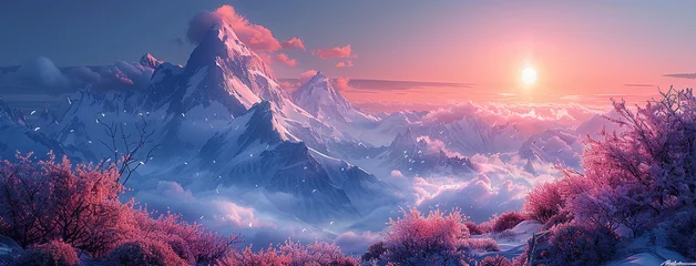 Photo sur Plexiglas Rose clair Sunset in the mountains with snow and heavy clouds. Craeted with AI