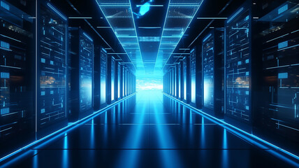 Modern Data Technology Center Server Racks in Dark Room with VFX. Visualization Concept of Internet of Things, Data Flow, Digitalization of Internet Traffic. Complex Electric Equipment Warehouse