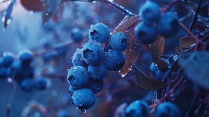 Bright fresh blueberries on the bushes close-up. Blueberry bush in its natural environment in nature in drops of dew. Blueberries close-up, concept of eco-friendly consumption of natural resources - Powered by Adobe