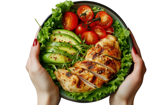 view from top down Grilled chicken fillet and fresh salad of tomatoes and avocado on bowl in woman's hands transparent background