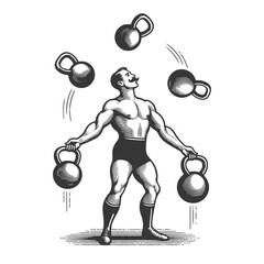 Circus strongman juggles kettlebells weights sketch engraving generative ai fictional character raster illustration. Scratch board imitation. Black and white image.