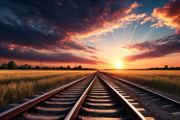 Dramatic sky over railroad tracks at sunset. Railroad stretching into the horizon under a stunning sunset sky with contrasting clouds